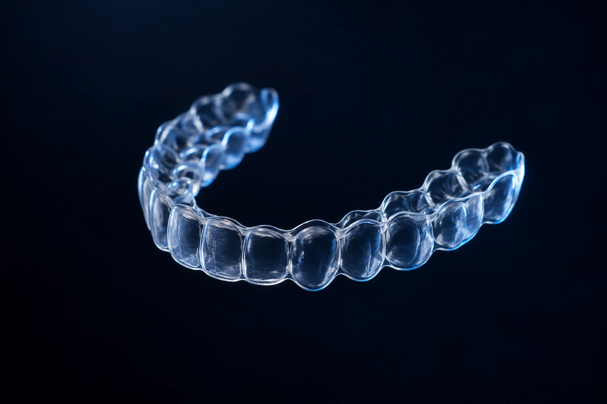 Clear dental aligner illuminated in blue